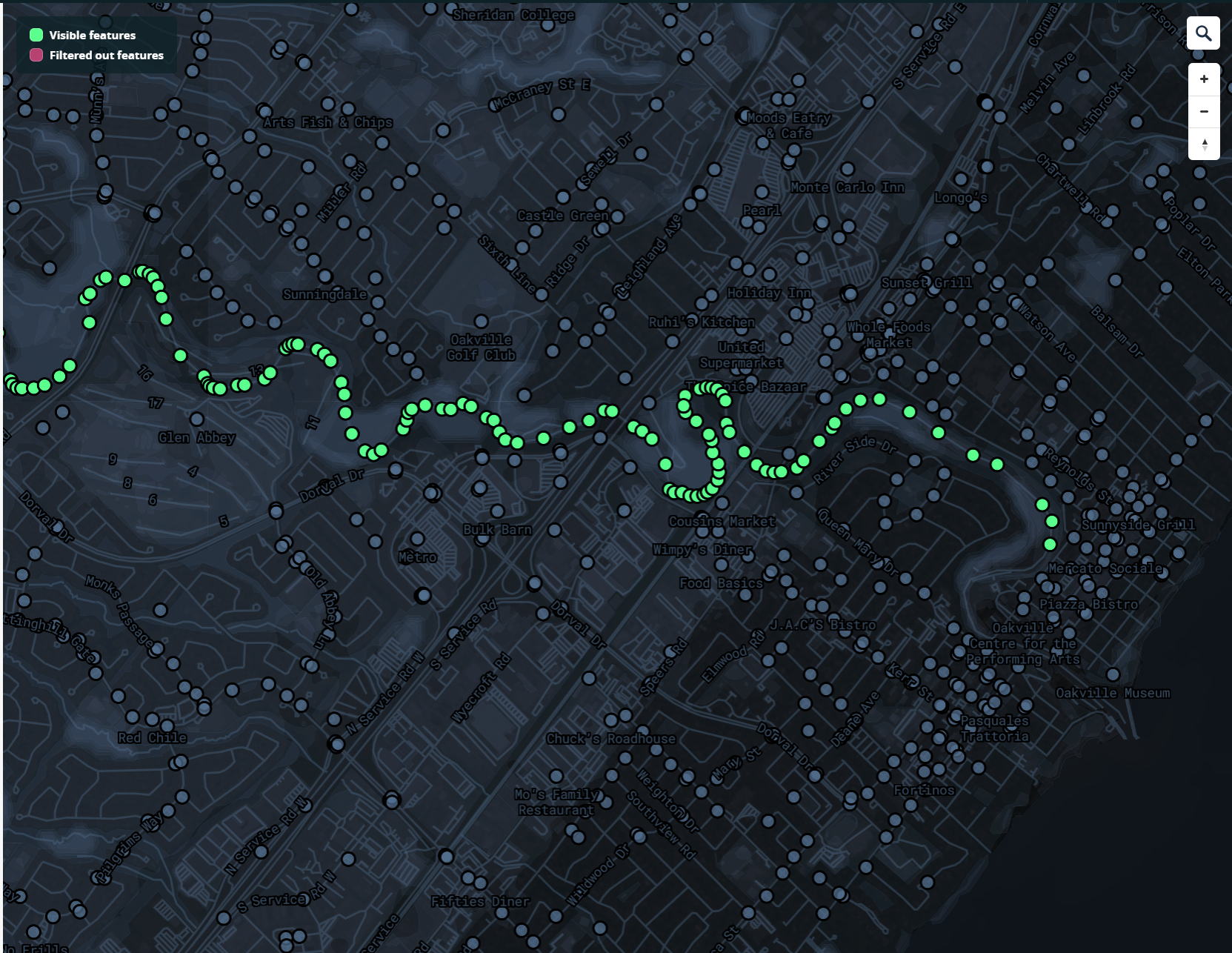 This map displays more data in Oakville but this map struggles as it is not clear what data is on display here and the background has completely blended together.