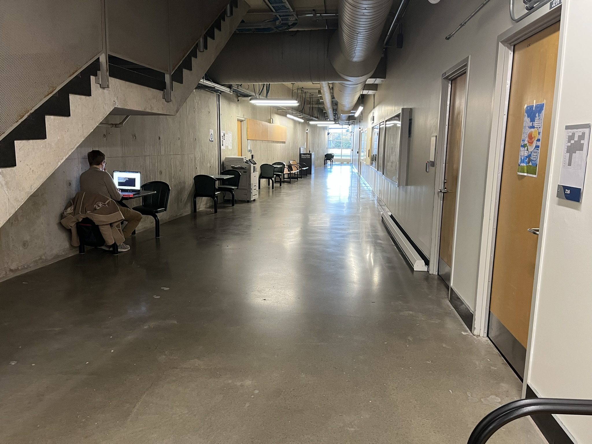 The J wing is very committed to being concrete but unfortunately the combination of a lack of colour and a lack of seating has made it a very unpopular place. It doesn’t feel very pleasant or welcoming and I feel like that could be improved with simple things like more places to sit.